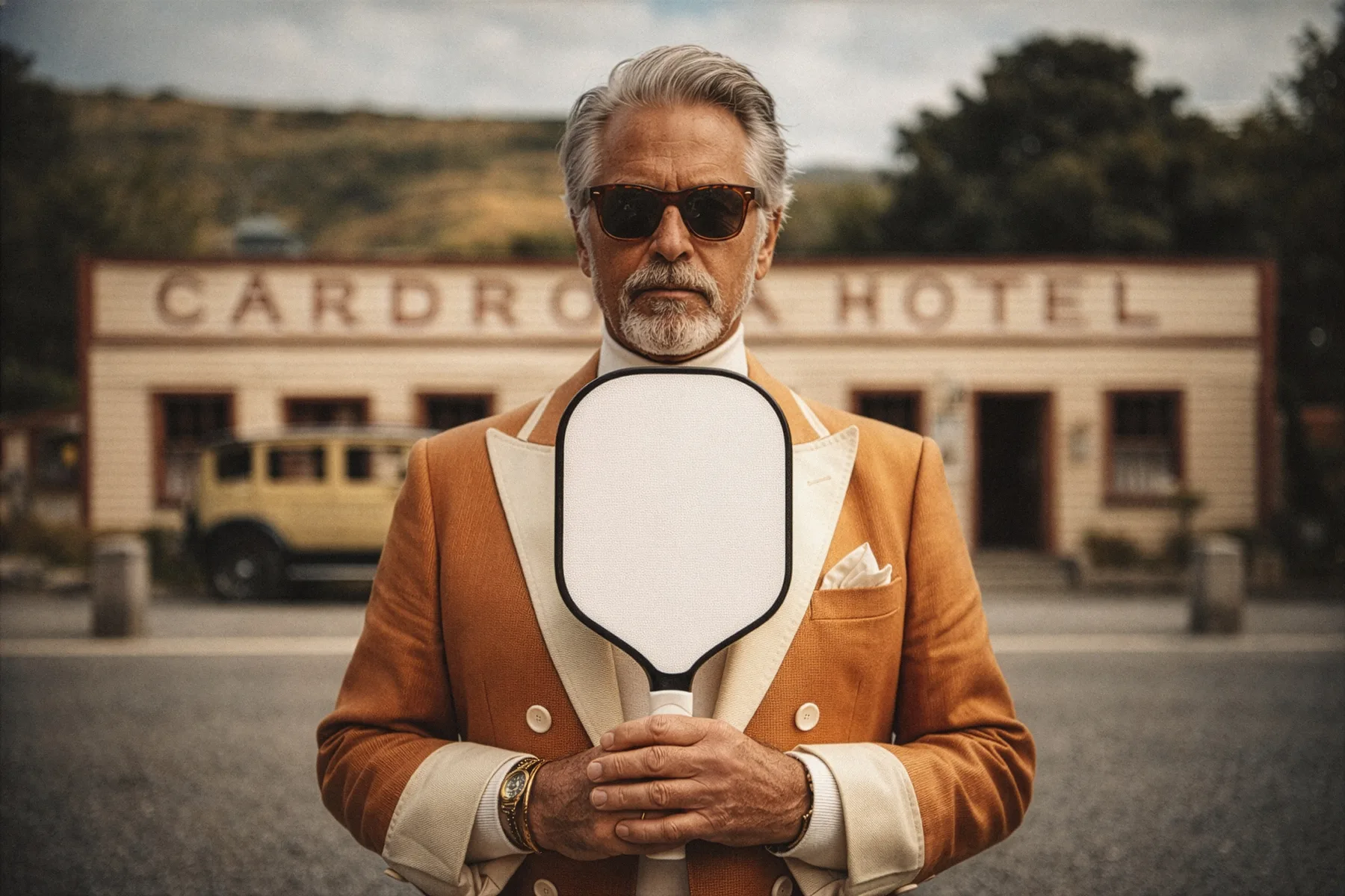 Man holding a pickleball paddle outside Cardrona Hotel
